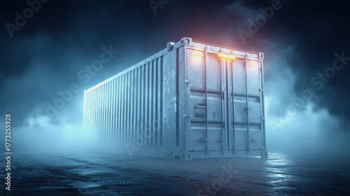 Cold chain container with glowing temperature indicator in misty environment, secure storage for pharmaceuticals and sensitive goods