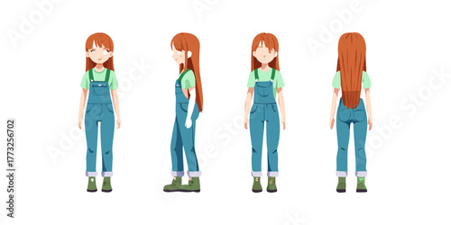 "Anime Character Turnaround – Front, Side, and Back Views of Girl in Denim Overalls and Green T-Shirt"
