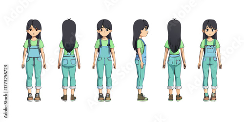 "Anime Character Turnaround – Front, Side, and Back Views of Girl in Denim Overalls and Green T-Shirt"
