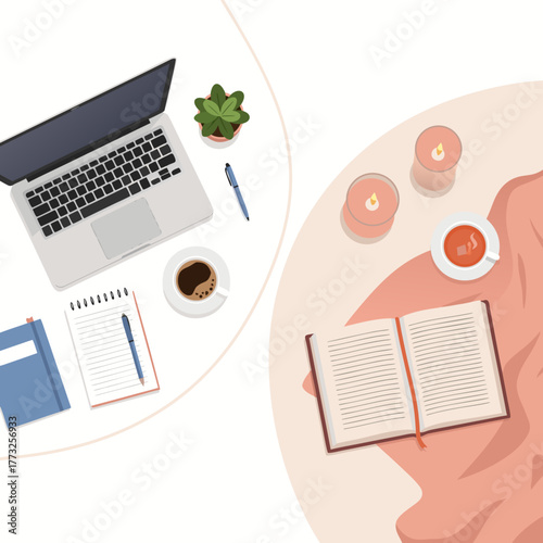 Cozy reading nook with tea, candles, and open book beside laptop workspace