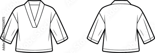 omen’s V neck top front and back views, elbow length sleeves, relaxed fit, deep neckline, cad drawing technical flat vector illustration