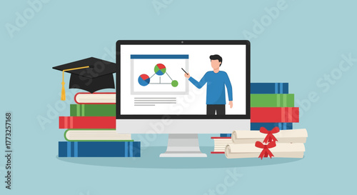 Flat Style Detailed Online Education Presentation Display with Diploma and Books
