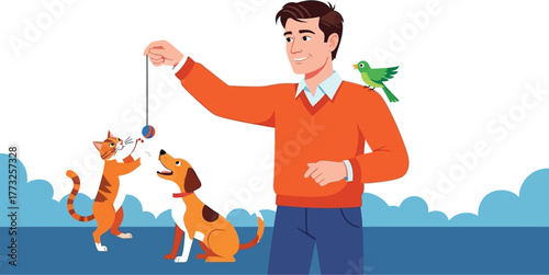 Man happily plays with his dog and cat, with a cute green bird perched on his shoulder, showcasing the joy of pet ownership and animal companionship
