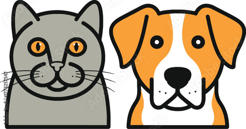 Adorable cat and dog faces side-by-side, perfect for pet lovers and veterinary clinics. Charming cartoon pets with expressive eyes for playful designs