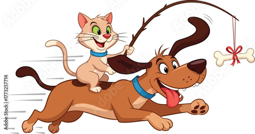 Hilarious cartoon of a cat riding a dog that's chasing a bone, perfect for children's books or educational content, guaranteed to bring smiles and laughter