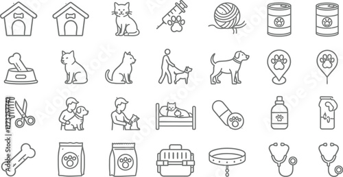 Essential pet care icons for your project, featuring a dog house, cat, veterinary syringe, pet food, and accessories in a modern, minimalist style