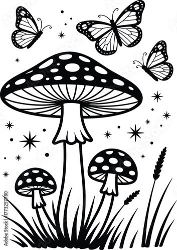 Whimsical Enchanted Forest Toadstool Mushroom and Butterfly Outline Coloring Page Illustration