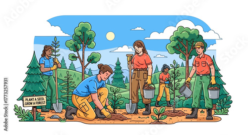 A diverse group of volunteers actively plants young trees in a sunny forest landscape, demonstrating community reforestation efforts.