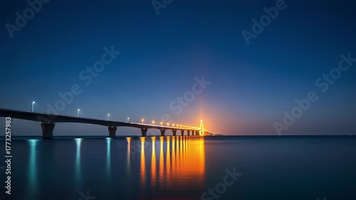 Wallpaper Mural An architectural marvel, a long modern bridge spans tranquil waters under a dark twilight sky, its warm lights casting vibrant reflections that create a serene and expansive night scene Torontodigital.ca