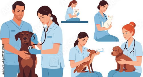 Caring veterinary staff giving medical attention to cute pets, showing compassion and expertise in a modern clinic setting, promoting animal health and wellbeing