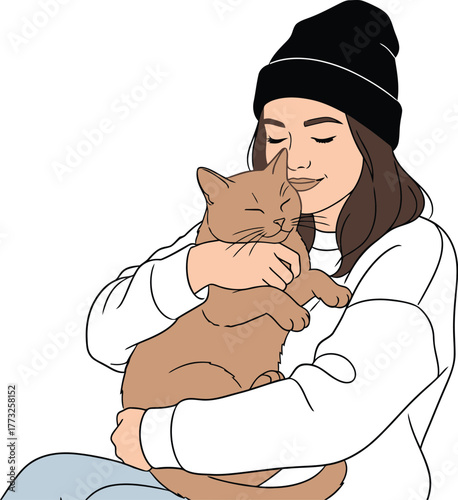 Adorable cartoon of a girl lovingly hugging her cat, a sweet moment of friendship and warmth, perfect for heartwarming family stories and pet adoption campaigns