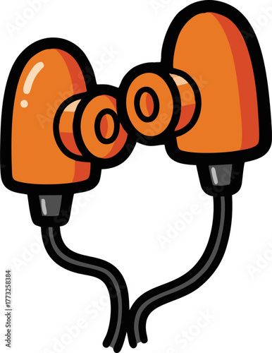 Cartoon illustration of orange earplugs with black cords.