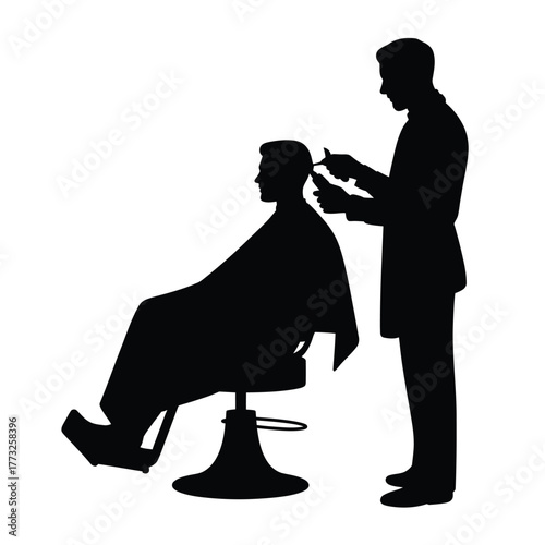 Silhouette of a barber cutting a client s hair in a salon chair