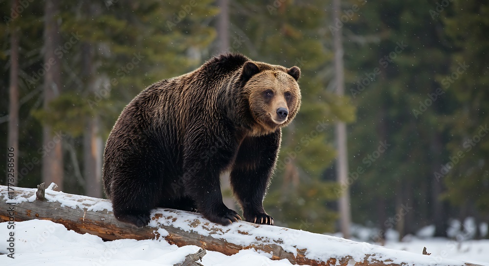 Fototapeta premium Majestic Grizzly Bear Standing on Snowy Log in Winter Forest.