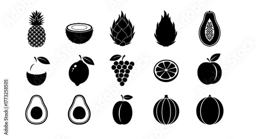 Collection of various fruit icons isolated on white background for graphic design use