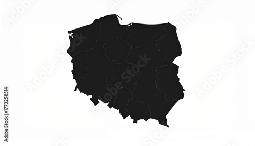 Poland detailed silhouette map with regions, Poland dark gray silhouette map showing administrative divisions and regions