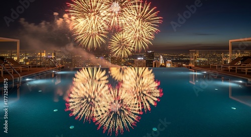 Fireworks Over City Reflected in Rooftop Pool