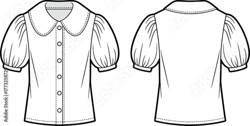 Peter Pan collar blouse fashion template, CAD garment drawing, flat vector illustration, puff sleeve design, button down sketch, clothing outline, apparel concept
