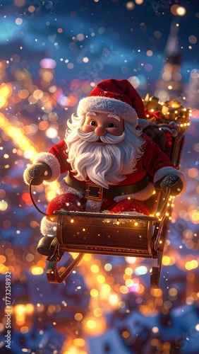 Santa Riding Sleigh Flying Over City with Sparkling Lights at Night