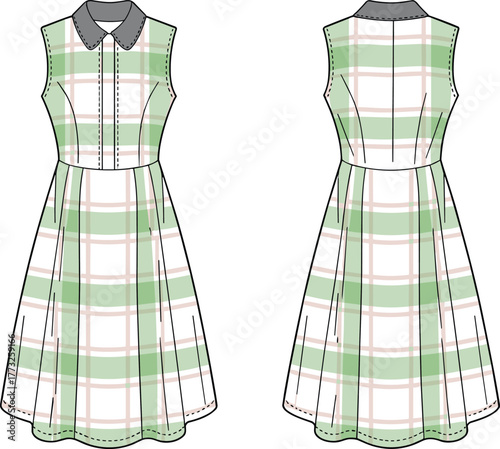 Plaid sleeveless dress fashion template, CAD garment drawing, flat vector illustration, button front design, collared bodice sketch, flared skirt outline