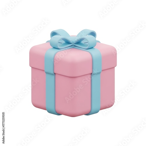 Pink Gift Box with Light Blue Ribbon on White Background