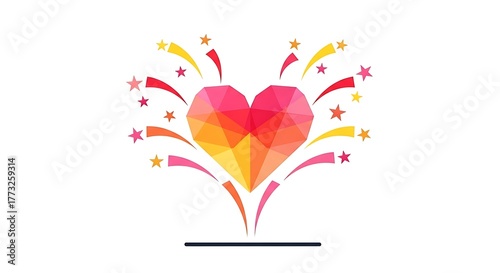 Geometric Heart with Colorful Starbursts on White, Graphic Love Symbol