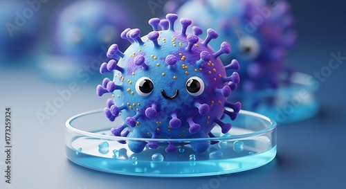 Cartoon Virus Character in Petri Dish Blue Light