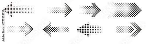 Halftone arrow icons, black direction symbol, dotted pointer, straight arrow with fade effect. Vector set 