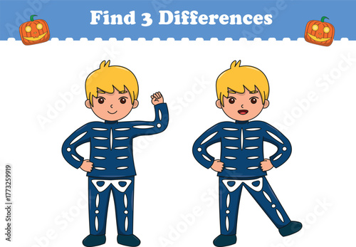 Education game for children find three differences between two kids halloween. Vector illustration