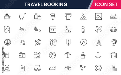 Travel Booking vector web line icon collection, sleek illustrations of tickets, maps, luggage, planes for seamless, adventurous designs.