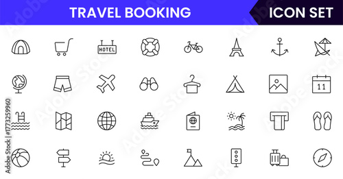 Travel Booking vector web line icon collection, sleek illustrations of tickets, maps, luggage, planes for seamless, adventurous designs.