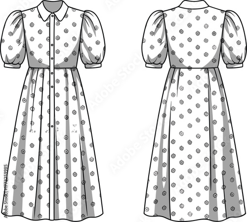 Polka dot puff sleeve dress fashion template, CAD garment drawing, flat vector illustration, button front design, collared bodice sketch, long skirt outline