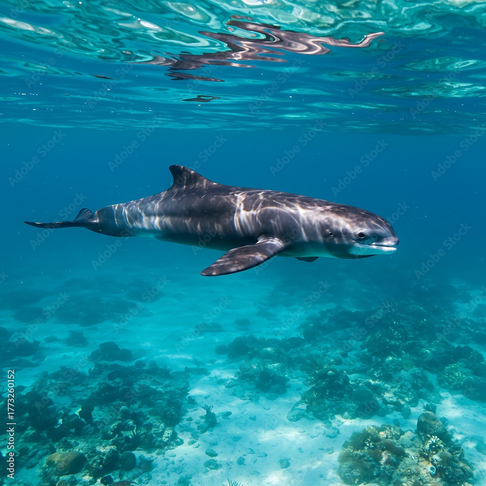 Fototapeta premium Vaquita swims peacefully in the azure ocean waters showcasing endangered species beauty