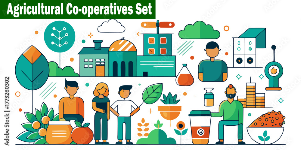 Obraz premium Agriculture Cooperatives Set. Farming Community Agriculture Business, Partnership Collaboration, Organization, Network, Teamwork, Support, Flat Vector, Eco Sustainable Development. 
