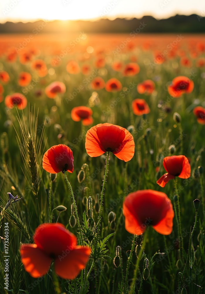 Fototapeta premium Vibrant Field of Red Poppies at Golden Hour Sunset.