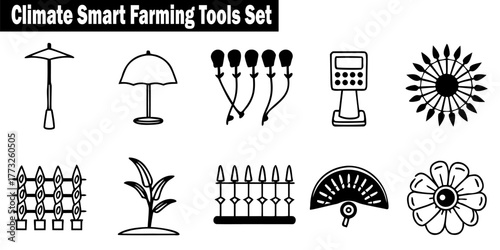 Agriculture Crop Technology: Umbrella, Sensors, Calculator, Sunflower, Fence, Corn Plant, Smart Farm Innovations Vector Illustration.