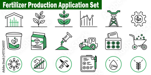 Agriculture Production Application Set Icons Vector. Farm Fertilizer Analysis, Crop Farmhouse, Farming Cultivation, Harvest Plant, Nutrition Industry Technology Elements. 