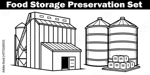Storage Preservation Set Agriculture Silos Warehouse Vector Illustration. Food Building Preservation. Preservation Storage Structures, Granaries, Farmhouse elements. 