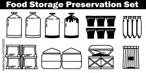 Food Storage Preservation Container Set Vector Illustration. These vector pictograms are in Jars, Tanks, Buckets, Kegs, Barrels, Bottles, Boxes, Crates, and Containers. Packs Cans Packages.