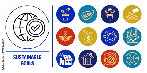 Sustainable Agriculture Goals Icon Set. Globe Plant Leaf, Flower Gear Factory, Farm House, Target Circle Ecology, Economy Growth, Productivity elements. 