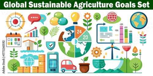 Global Sustainable Agriculture Goals Icon Set. Globe Chart Cloud. Car Factory, Gear Plant, Sprout Calendar  Timer, and Environment elements. 