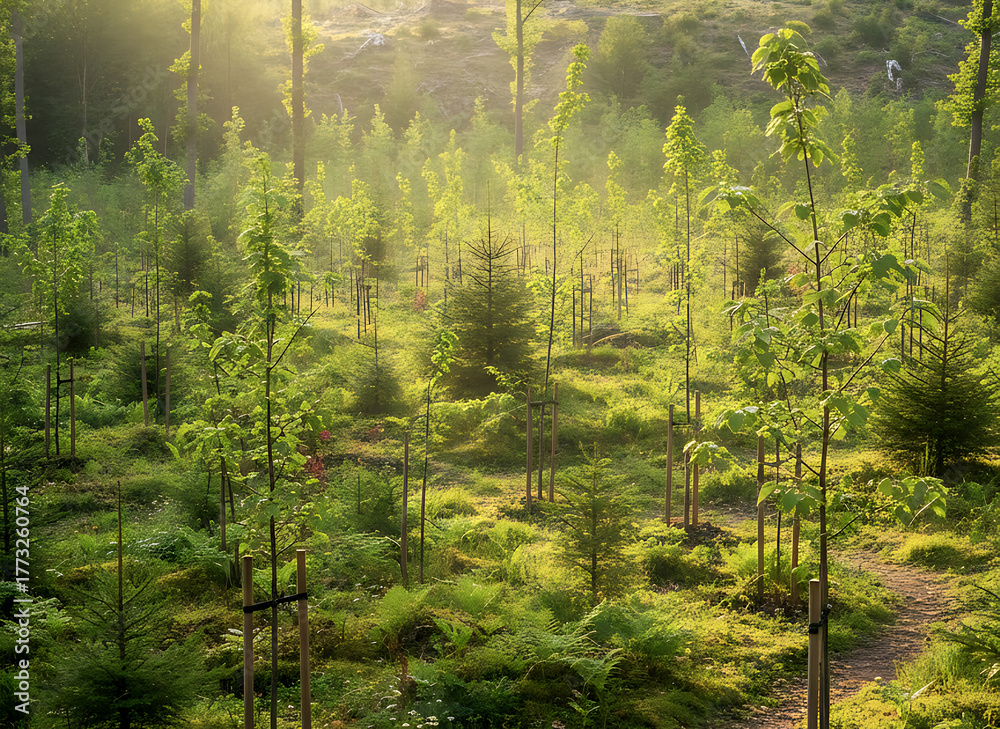 Fototapeta premium Lush Forest of Young Trees Bathed in Golden Sunlight A Vibrant Display of Nature's Renewal