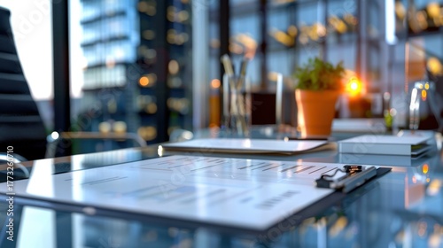 Wallpaper Mural Modern office workspace with clipboard, plant, and sunlight filtering through large glass windows Torontodigital.ca