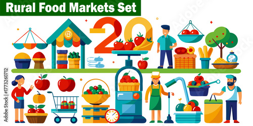Rural Food Market Illustration Set. Produce Agriculture Vegetables Farmers, Market Trade Stand, Stall, Buyer, Seller, Customer, Grocery Store Commerce.