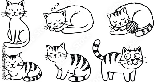 Cute sleeping cat doodle illustration. Kawaii tabby kitten napping peacefully. Hand-drawn black and white cartoon character sketch.