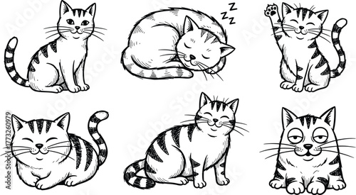Cute sleeping cat doodle illustration. Kawaii tabby kitten napping peacefully. Hand-drawn black and white cartoon character sketch.