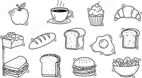 Home Baking. Set of different pastries. Cookies, croissants, puffs, macaroons, donuts sketch collection. Hand drawn elements for package, menu, recipe.