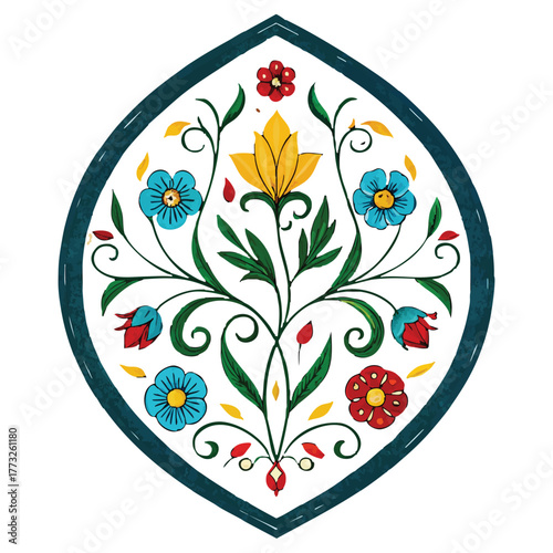 Teardrop Floral Motif with Symmetrical Botanical Design