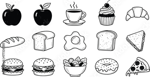 Home Baking. Set of different pastries. Cookies, croissants, puffs, macaroons, donuts sketch collection. Hand drawn elements for package, menu, recipe.
