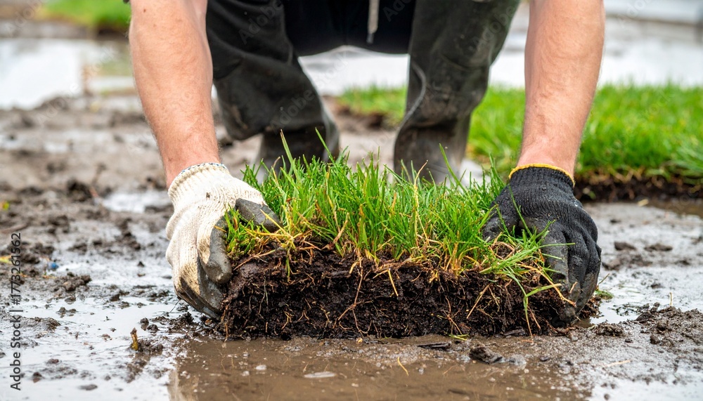 Fototapeta premium Worker Hands Laying Down Fresh Grass Sod on Wet Ground